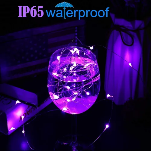 Vista 8 de RUICHEN Guirnalda de luces de alambre de cobre enchufable de 33 pies, 100 luces LED con carrete, color morado