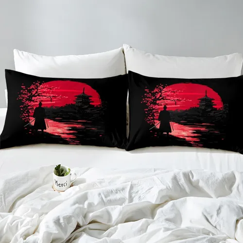 Vista 6 de Erosebridal Samurai - Juego de ropa de cama, sábana bajera ajustable, funda de cama samurái japonés, juego de sábanas de silueta de paisaje