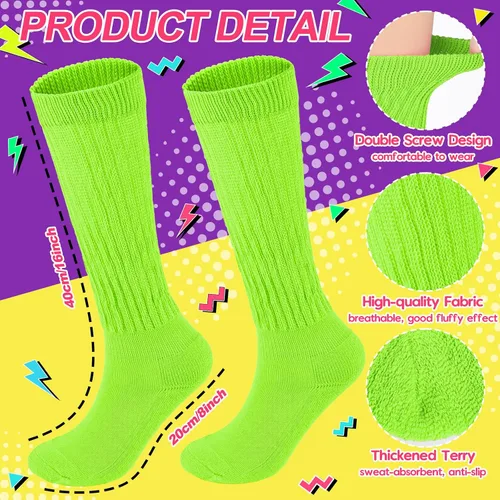 Vista 3 de Calcetines holgados de neón para mujer, calcetines altos hasta la rodilla de los años 80 y 90 con aretes de neón y coleteros para fiesta de los años