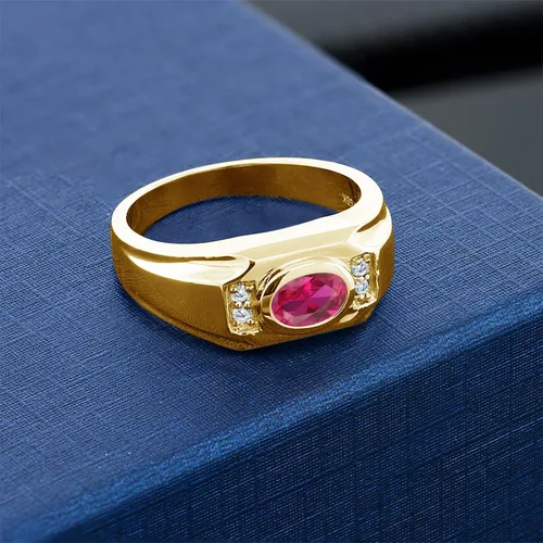 Vista 3 de Anillo de plata chapada en oro amarillo de 18 quilates para hombre, ovalado, rojo, rubí y piedra gema, moissanita creada por King (1.50 quilates)