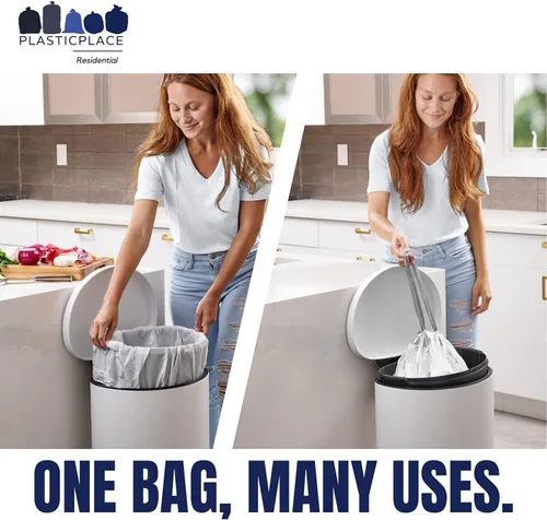Vista 5 de Plasticplace Bolsas de basura compatibles con simplehuman Code M, forros de basura blancos con cordón de 12 galones / 45 litros, 21 pulgadas x 30.5
