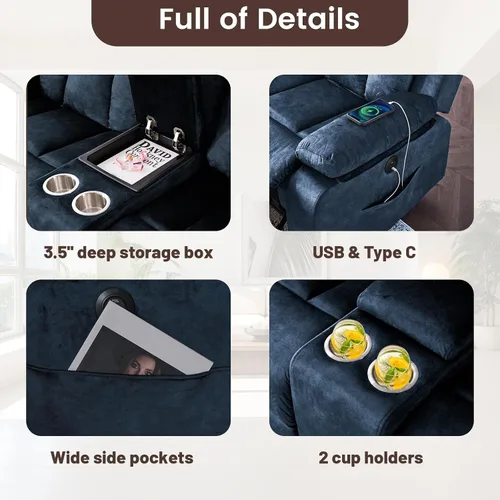 Vista 5 de Sofá reclinable de terciopelo, sofá biplaza reclinable doble con calor y masaje, sofá reclinable de pared con USB y tipo C, sofá reclinable
