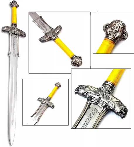 Vista 2 de Conan - Espada bárbara, hoja de acero al carbono Conan con envoltura de yute en mango de madera, espada atlante bárbara con funda de cuero, espada