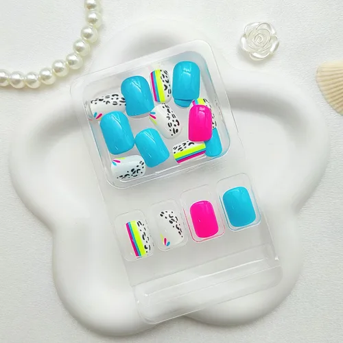 Vista 4 de Uñas postizas cortas a presión, uñas acrílicas cuadradas, coloridas de cobertura completa, uñas adhesivas brillantes en líneas, uñas reutilizables