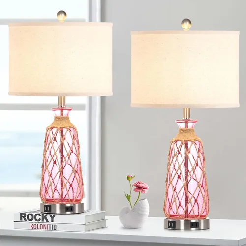 Vista 12 de Ruzectt Lámparas de mesa de cristal costero, lámparas de noche regulables de 3 vías con control táctil con 2 puertos USB y salida de CA, lámparas