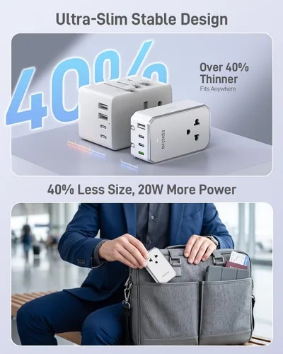 Vista 4 de EPICKA Adaptador de viaje universal Air 20W PD&QC con 1AC/3USB-C/1USB-A Adaptador de enchufe de tamaño compacto y delgado para EE. UU., UE, Reino