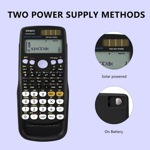 Vista 3 de Calculadoras científicas, IPEROT Calculadora matemática negra con 417 funciones, energía solar y batería de 4 líneas, suministros escolares