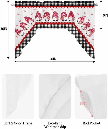 Vista 6 de Cortinas de Gnomos de San Valentín con Cenefa para Cocina, Cortinas con Bolsillo para Barra para Dormitorio, Sala de Estar, Baño, Cafetería, Negro