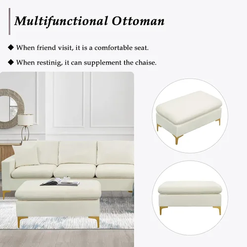 Vista 5 de Sofá modular de 110.6 pulgadas con otomana, elegante sofá tapizado de terciopelo en forma de L con 2 almohadas para sala de estar y apartamento