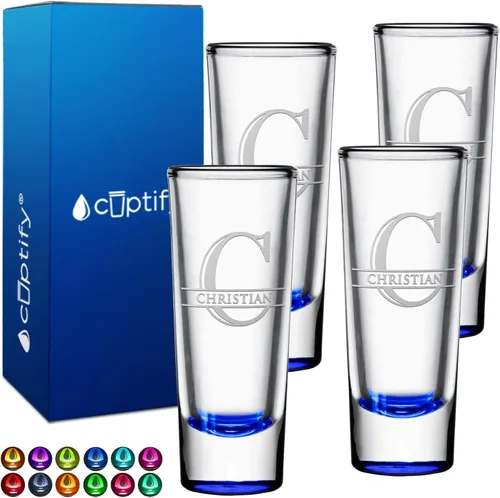 Vista 13 de Vaso de chupito personalizado con fondo negro personalizado de 2 oz, vasos de chupito cordiales con inicial y nombre en script dividido