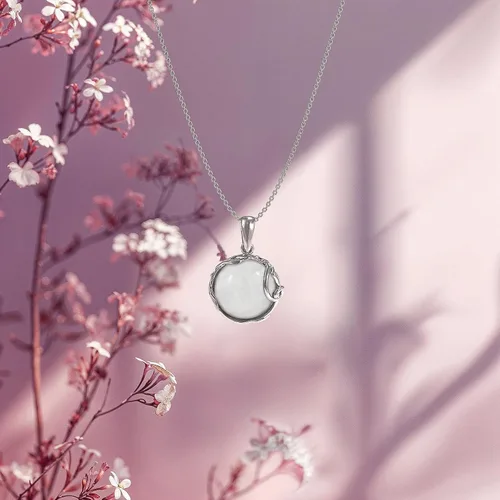 Vista 4 de 925 Sterling Silver Natural Moonstone Necklace - 14mm White Iridescent Round Gemstone Pendant, June Gemini Birthstone Birthday Present - Unique