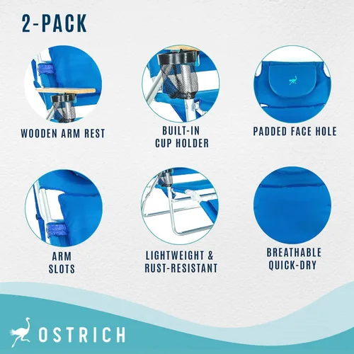 Vista 4 de Ostrich Silla de playa reclinable 3-N-1 de lujo acolchada para exteriores, color azul (paquete de 2)