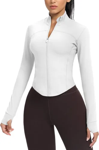 Vista 102 de AVGO Chaquetas de entrenamiento recortadas para mujer, con cremallera, ajustadas, atléticas, con agujeros para el pulgar