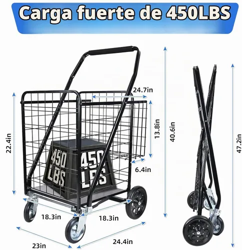 Vista 2 de Carrito de compras plegable con forro impermeable extraíble, carrito de comestibles de capacidad de 450 libras con cesta doble y ruedas giratorias
