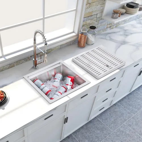 Vista 5 de Fregadero de barra, fregadero de cocina para montar bajo encimera de un solo tazón, fregadero de acero inoxidable con tabla de drenaje, enjuague