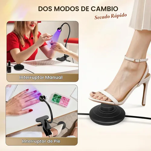 Vista 2 de AORAEM UV Nail Lamp, UV Light for Gel Nails, LED Flash Cure Light Lámpara UV de cuello de cisne con pedal, mini secador de uñas con abrazadera