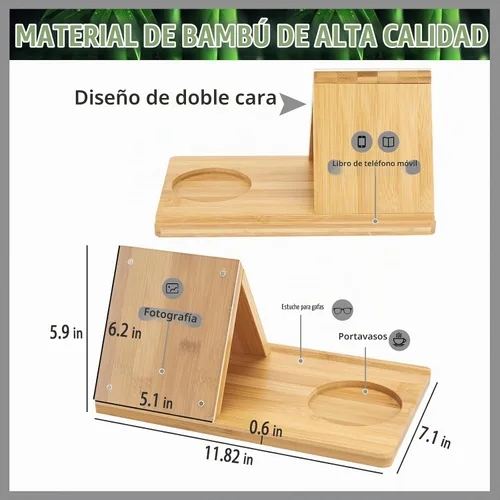 Vista 3 de Soporte para Libros de Bambú, Soporte Triangular para Libros con Marco de Imagen Acrílico, Descanso para Libros con Portavasos, Soporte para Tableta