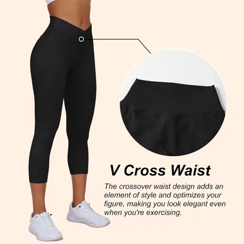 Vista 3 de Vertvie Leggings cruzados de gimnasio para mujer, levantamiento de glúteos, cintura cruzada, control de abdomen, pantalones de yoga