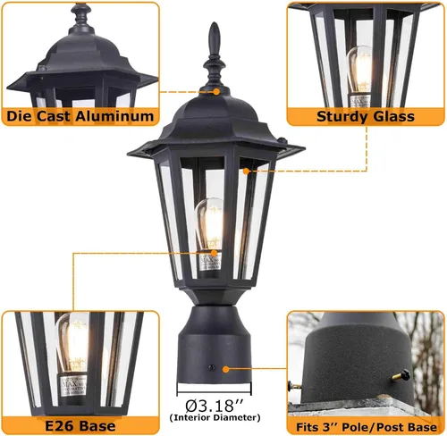 Vista 4 de LIT-PaTH Lámpara de poste para exteriores de 16 pulgadas, farol de poste exterior con vidrio transparente, iluminación de poste de aluminio cableado