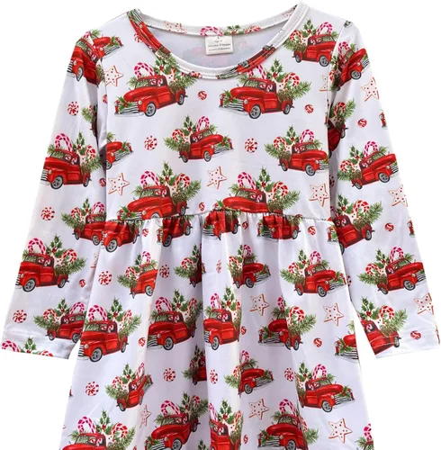 Vista 18 de Vestido de Navidad para niña pequeña, muñeco de nieve, árboles de Navidad, camión, a cuadros, reno, Papá Noel, vestido de invierno hasta la rodilla