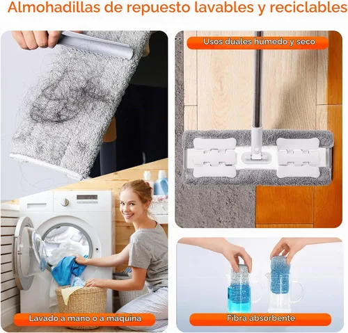 Vista 8 de Trapeador húmedo de microfibra de 360° para limpieza de suelos; 4 almohadillas de microfibra reutilizables resistentes; altura ajustable