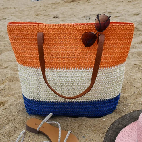 Vista 19 de Bolso grande de paja para mujer, tejido de ratán, bolso de playa de verano, a rayas