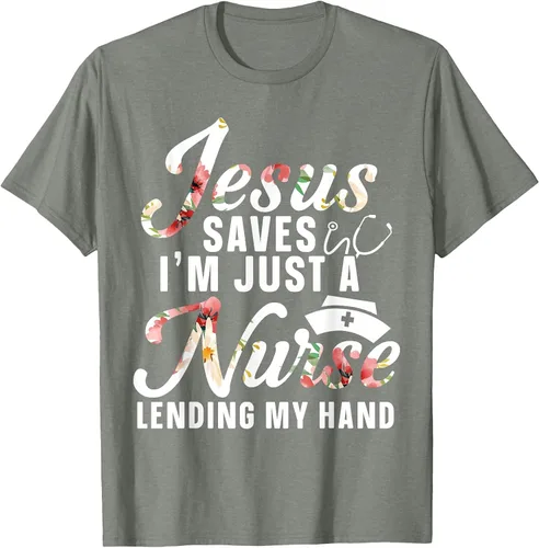 Vista 40 de Jesus Saves I'm Just A Nurse Lending My Hand RN Christian T-Shirt Asphalt Grey
