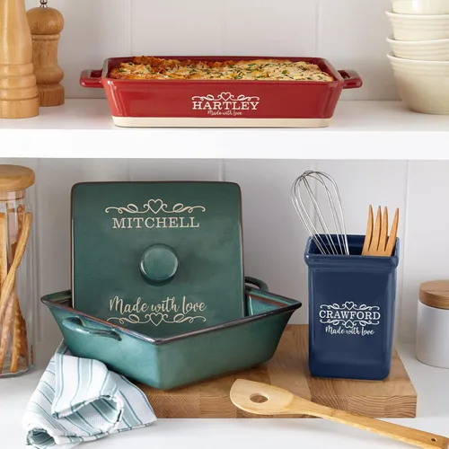 Vista 2 de Let's Make Memories Cazuela de gres personalizada hecha con amor, utensilios de cocina, para ella, azul marino