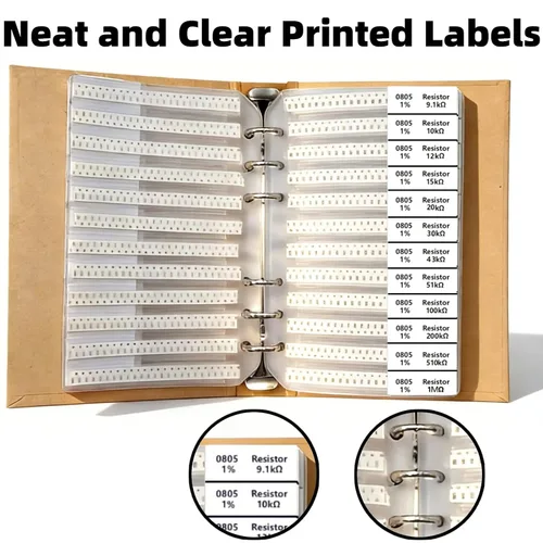 Vista 4 de 8400PCS 0805+1206+0603+0402+0201 Kit de resistencias SMD de 0Ω a 1MΩ 1%, Libro de muestras de surtido de componentes electrónicos para proyectos