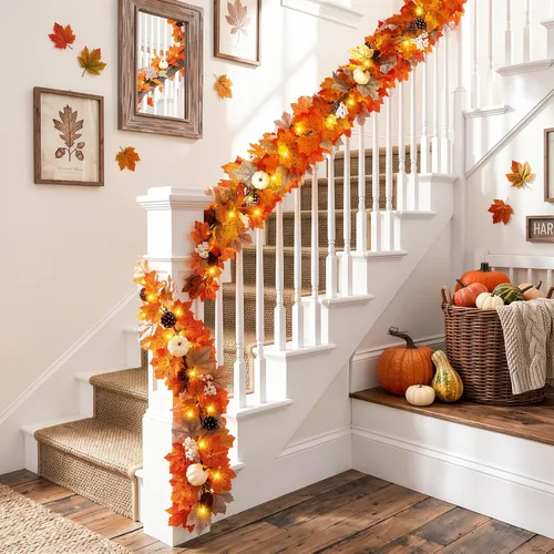 Vista 6 de Luxspire Guirnalda de otoño de 6 pies con luces y temporizador para Naranja-amarillo + gris claro