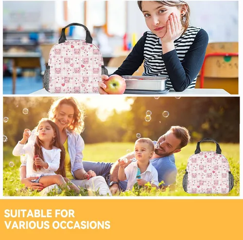 Vista 2 de Lonchera de cerdo – Lonchera aislada para niños – Bolsas de almuerzo rosadas lindas con bolsillos – Lonchera congelable mediana de 8L para la escuela