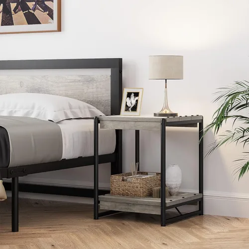 Vista 6 de Mesa auxiliar de almacenamiento de madera, cuadrada grande de 20 pulgadas con estante de 2 niveles, marco de metal moderno para cama, sofá, mesa
