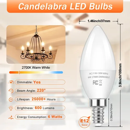 Vista 2 de Brightever Bombillas LED E12 regulables, bombillas equivalentes a 60 W, bombillas LED de araña de 6 W, blanco cálido de 2700 K, bombillas LED