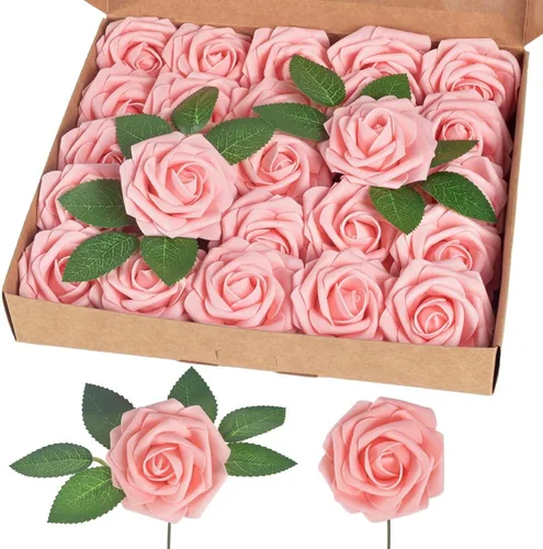 Vista 9 de homEdge Rosa Artificial, 25 piezas de flores artificiales de espuma con tallo para decoraciones del hogar, ramos de boda, fiesta, centros de mesa