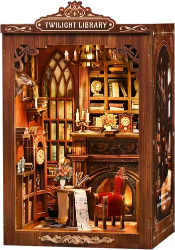 Vista 11 de Kit de rincón de libros para bricolaje con luz LED, casa de muñecas en miniatura, rompecabezas de madera 3D, decoración de estantería, regalo