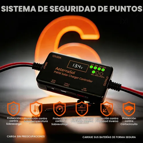 Vista 2 de Controlador de carga solar PWM 12V 20A para LiFePO4, AGM, batería de gel