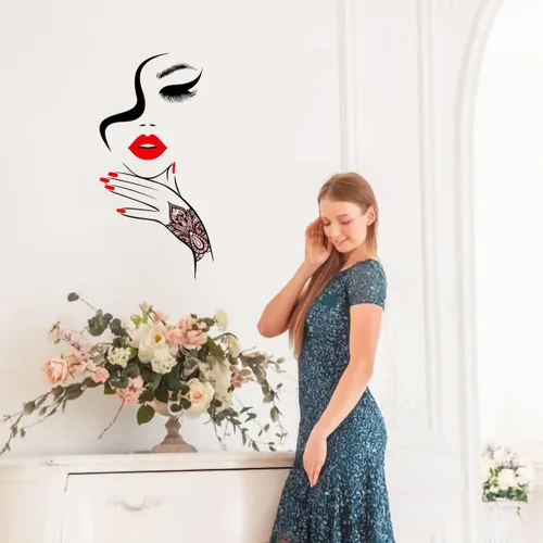 Vista 5 de Calcomanía de pared de cara sexy extraíble con ojos y labios rojos, calcomanías de pared para despegar y pegar, contorno de belleza, decoración