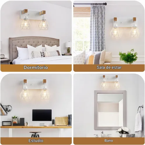 Vista 6 de Lámparas blancas para tocador de baño, luminarias de baño de madera de 2 luces sobre el espejo, apliques rústicos de pared con elegante pantalla