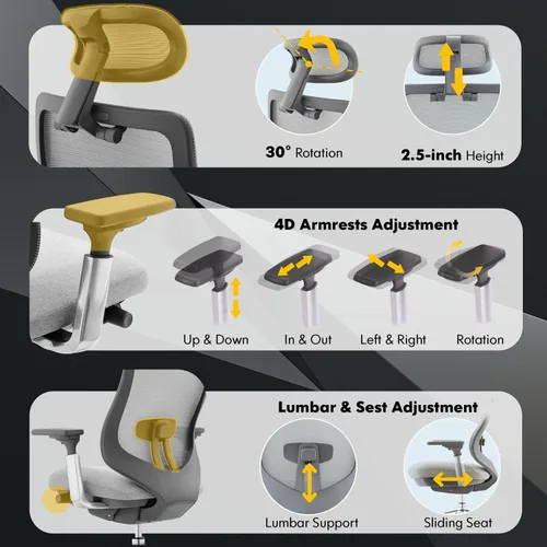Vista 4 de COLAMY Silla de oficina ergonómica de malla, silla de escritorio ejecutiva con respaldo alto con reposacabezas ajustable, brazo 4D, asiento