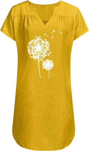 Vista 4 de ONGJWU Vestidos de verano para mujer, estampado de diente de león, manga corta, cuello en V, suelto, de algodón, lino, vestidos de otoño