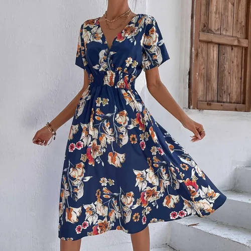 Vista 2 de JOANKDMI Vestidos casuales para mujer, con cuello en V, manga corta, floral, 2023, bohemio, hawaiano, vacaciones, vestidos para mujer