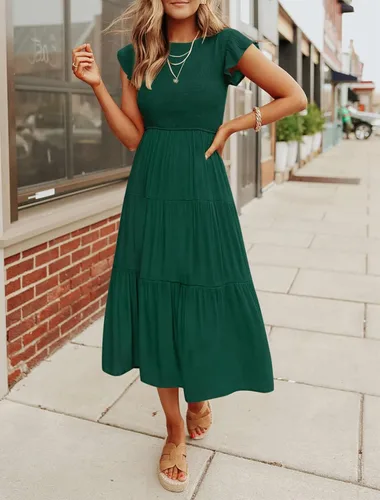 Vista 7 de MEROKEETY - Vestido midi fruncido de manga corta para mujer, vestido de verano casual, acampanado, con cintura elástica y escalonado