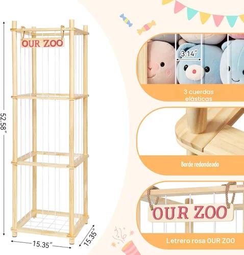 Vista 3 de Almacenamiento de Animales de Peluche - Organizador Alto de Juguetes de Madera de Pino Natural con Cuerdas Elásticas y Estante, Casa