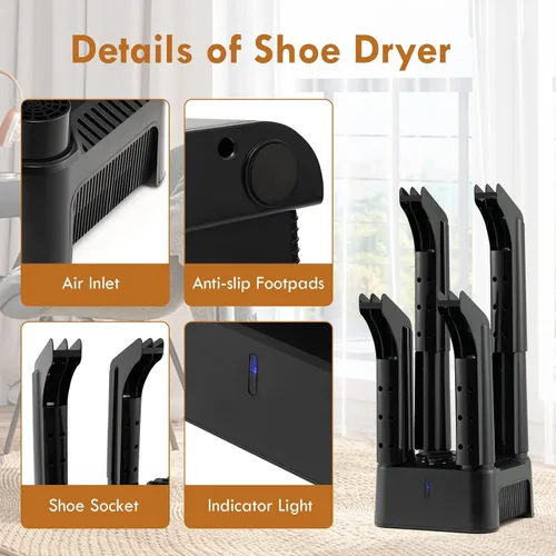 Vista 5 de Safstar - Secadora eléctrica de zapatos, secadora de botas de zapatos de 4 tubos con soplador de calor, temporizador de 180 minutos, protección