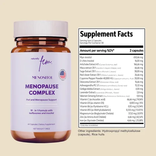 Vista 9 de Inositol FEM Menositol 19 en 1 60 cápsulas, suplementos de perimenopausia y menopausia para mujeres pérdida de peso con mio-inositol, D-chiro e