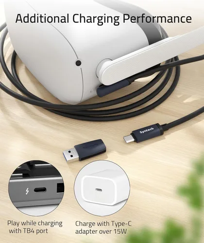 Vista 3 de Syntech Cable Link compatible con accesorios MetaOculus Quest 2 y PCSteam VR, cable tipo C actualizado de 16 pies con adaptador USB 3.0, cable