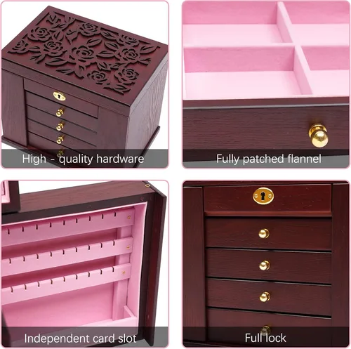 Vista 6 de YIYIBYUS Joyero de madera de 5 capas para mujer con espejo vintage caja de almacenamiento organizador de regalo gabinete de regalo