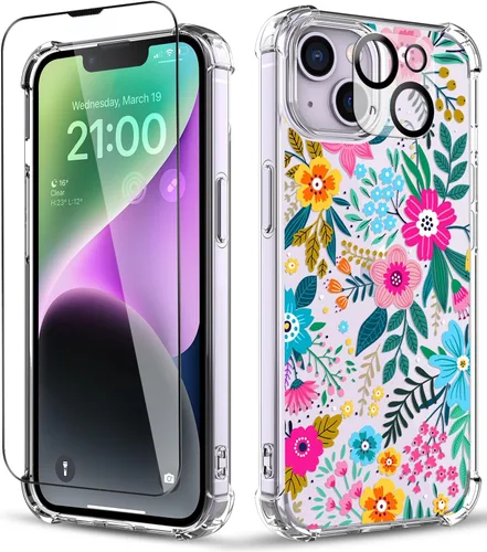 Vista 33 de Funda para iPhone 14, [3 en 1] con protector de pantalla y protector de lente de cámara, diseño de patrón de flores, transparente, suave, a prueba