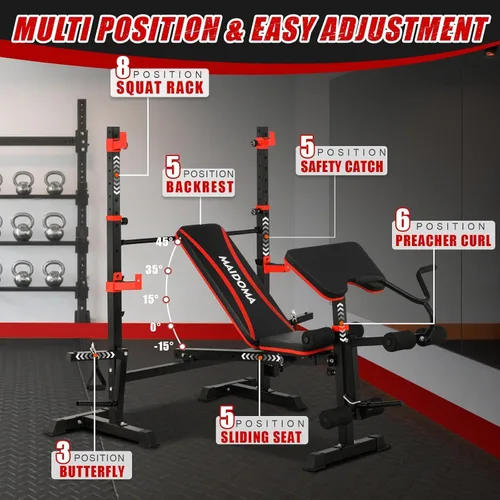 Vista 2 de MAIDOMA Foldable 1500LBS Capacity 8 IN 1 Weight Bench Set with Leg Extension/Squat Rack/Preacher Curl, Adjustable Bench Press for Home Gym Full Body