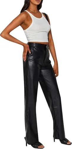 Vista 3 de Biivrii Leggings de piel sintética para mujer, pantalones de cintura alta, rectos, pierna ancha, de piel sintética, pantalones sólidos casuales